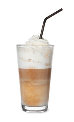 Delicious latte with whipped cream in glass isolated on white