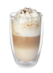 Delicious latte with whipped cream in glass isolated on white