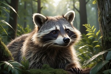 Obraz premium Racoon close up portrait - wild animal in natural habitat, in summer forest