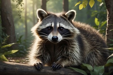 Racoon close up portrait - wild animal in natural habitat, in summer forest