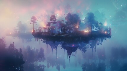 Surreal Dreamscape of Floating Islands Amalgamated Creatures and Glowing Geometric Structures