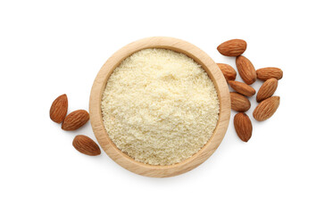 Fresh almond flour in bowl and nuts isolated on white, top view
