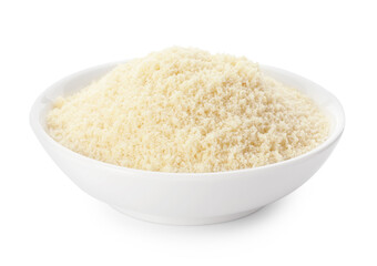 Fresh almond flour in bowl isolated on white