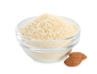 Fresh almond flour in bowl and nuts isolated on white