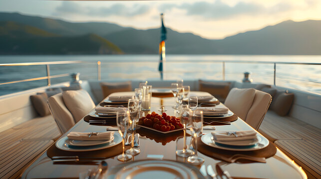 Sunset yacht party with elegant buffet setup