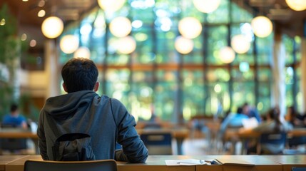 A defocused background image of Scholars Sanctuary captures a serene atmosphere with students engrossed in their studies. In the far corner a lone student can be seen sitting crosslegged .