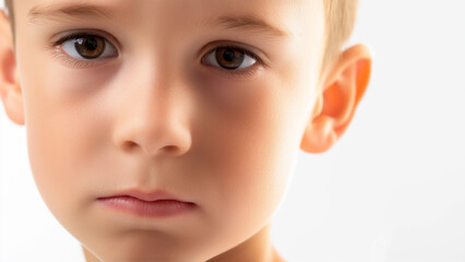5 years old white male, sad or blank expression, copy space