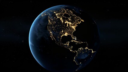 Planet Earth illuminated by city lights at night in outer space. High-resolution space photography. Global connectivity and urbanization concept. 