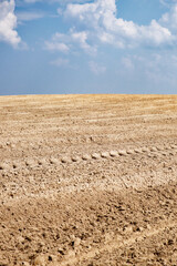 Brown soil of a large, empty farmland and clouds.