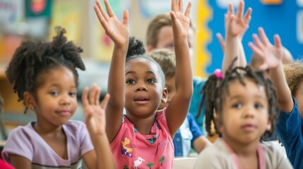 Enthusiastic Classroom Participation: Young Students Eager to Answer Questions in Supportive Learning Environment