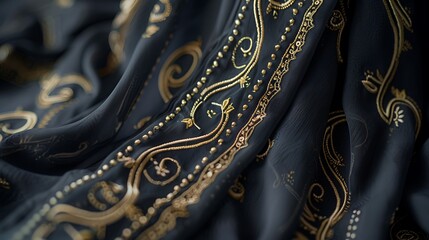 A classic black abaya with delicate gold thread embroidery in a swirling pattern along the edges