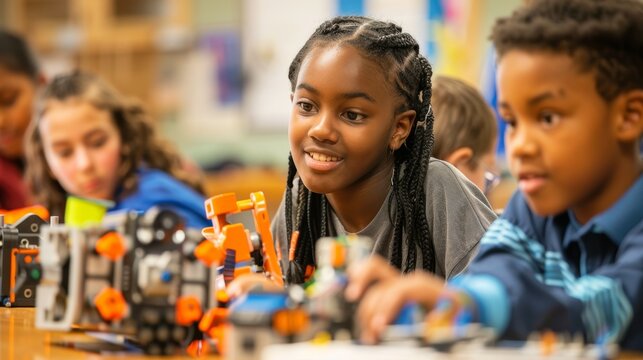 Diverse Group of Students Enthusiastically Building and Programming Robots in STEM Classroom