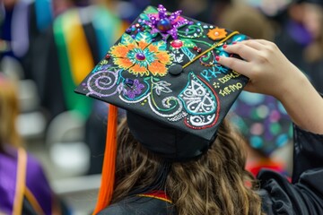Graduate Decorating Cap with Colorful Designs and Inspirational Quotes for Ceremony Preparation