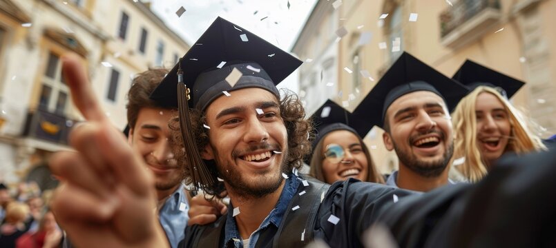 Graduation Moments: Friends Celebrating and Taking Selfies Together in Joyful Outdoor Gathering