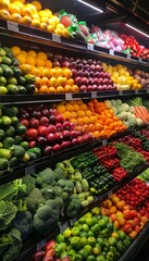Obraz premium Colorful Fresh Produce Display in Supermarket: Fruits and Vegetables Neatly Organized