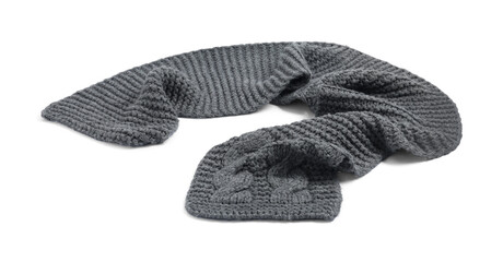 One grey knitted scarf on white background