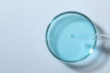 Dripping liquid from pipette into petri dish at white table, top view. Space for text