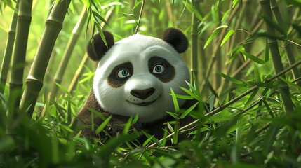 An adorable panda bear with big, round eyes and a friendly smile is sitting in a lush bamboo forest.