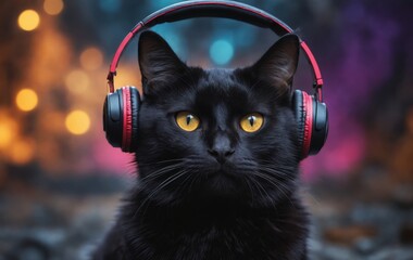 Black cat with headphones listening to music