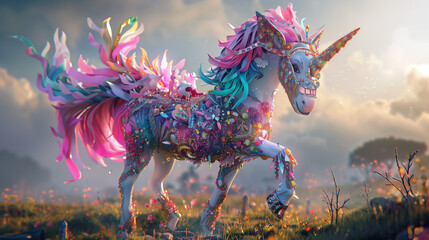 licorne faite de rubans, de papiers et de strass