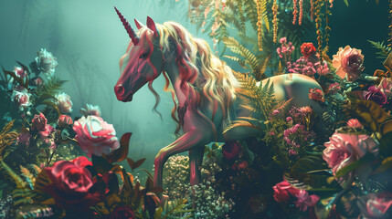 licorne avec plantes et fleurs