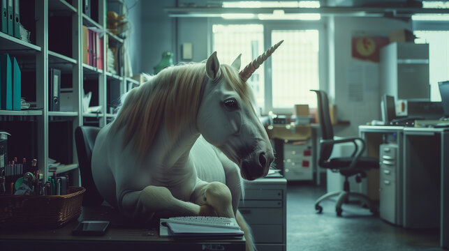 licorne allong&eacute;e dans un bureau d'affaire