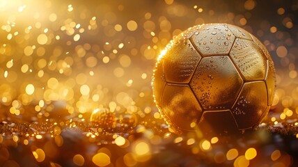 Shiny golden soccer ball in a sparkling festive background