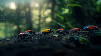 scarabées colorés avançant en ligne sur le sol d'une forêt sombre