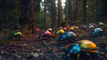 scarabées colorés avançant en ligne sur le sol d'une forêt sombre