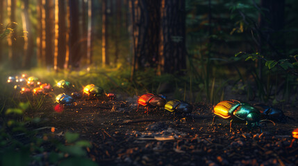 scarabées colorés avançant en ligne sur le sol d'une forêt sombre