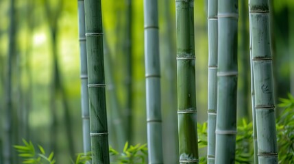 This image is a beautiful photograph of a bamboo forest. The bamboo stalks are tall and straight, and the leaves are a lush green color.