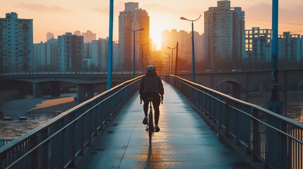 A cyclist rides over a bridge at sunset. The city skyline is in the distance. The cyclist is...