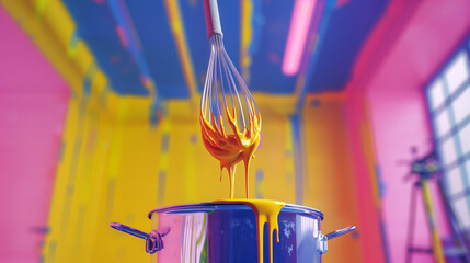 peinture orange vive qui coule d'un fouet de cuisine