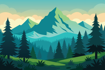 Beautiful landscape of coniferous forest with plants and shrubs. A magnificent forest clearing against the backdrop of stunning mountains vector illustration