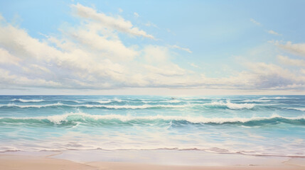 Obraz premium Impressionism, soft colors, blurred image of a sea beach with sand dunes and blue waves, oil texture background, brush strokes.