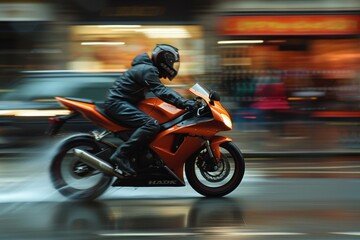 Motorcyclist on Orange Sport Bike in Urban Rain