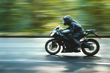 Fototapeta premium Motorcyclist on Black Bike Speeding on Wet Road