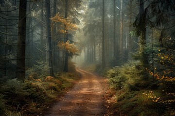 Fototapeta premium Misty Forest Pathway in Autumn Morning