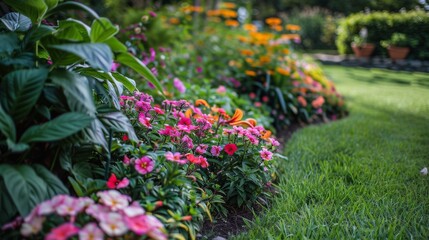 Fototapeta premium Lush Garden with Colorful Flower Beds