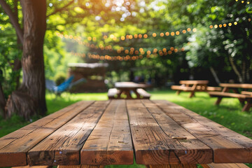 Empty wooden table at outdoor barbecue party with space for product close-up
