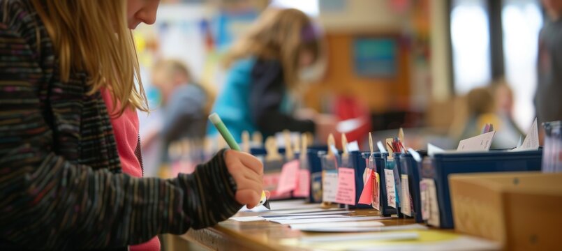 Teacher Preparing Student Name Tags in Classroom for New School Year, Education, Organization