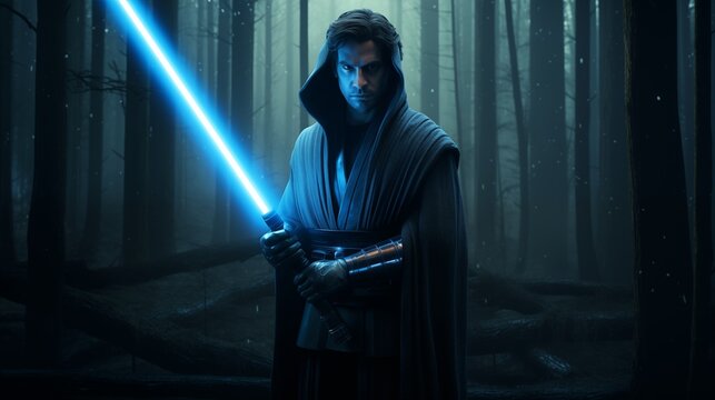 Jedi holding a blue lightsaber in a forest with glowing lights.