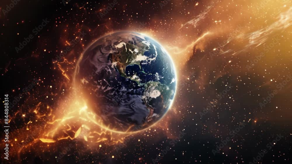 Poster earth in space surrounded by bright cosmic flames and sparks. high-resolution space photography. cos