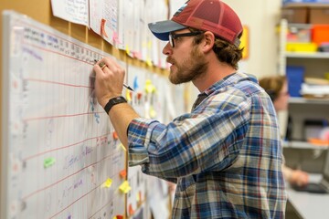 Teacher Planning Week's Schedule on Large Whiteboard for Classroom Organization and Lesson Preparation