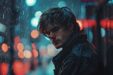 Moody Young Man in Neon-Lit Rain