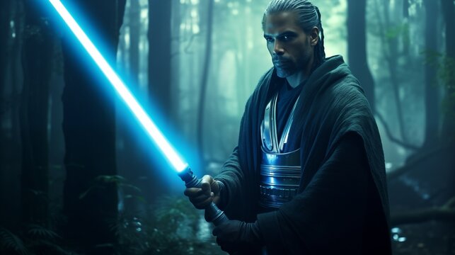 Jedi holding a blue lightsaber in a forest with glowing lights.
