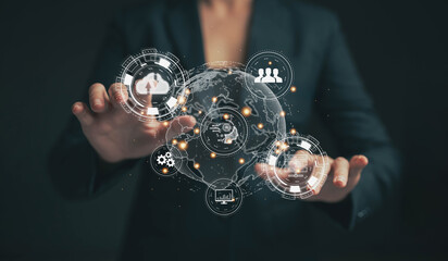 Businessman is using his finger to touch a virtual screen. Customer relationship management (CRM) technology concept, global network, information search and storage with cloud technology..