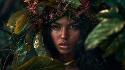 belle femme aux yeux noirs avec couronne de plantes verte dans une forêt dense