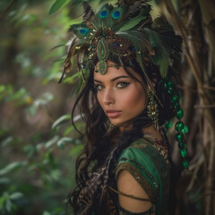 belle femme avec couronne de plantes verte dans une forêt dense