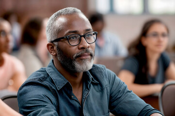 Obraz premium dedicated mature black man is engrossed in an adult education class. Ideal for illustrating concepts of education, career advancement,concept of Unretirement,corporate training, and self-development